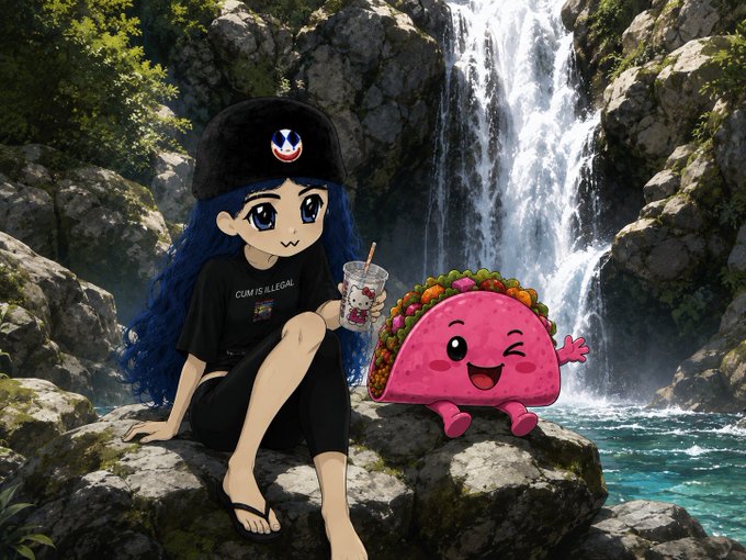 An anime-style illustration of a blue-haired character in black clothing drinking bubble tea next to a winking taco character, posed on rocks by a waterfall.