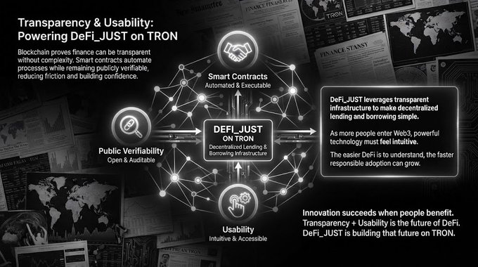 An infographic titled 'Transparency & Usability: Powering DeFi_JUST on TRON' highlighting three pillars—Smart Contracts, Public Verifiability, and Usability—surrounding the DeFi_JUST on TRON platform.