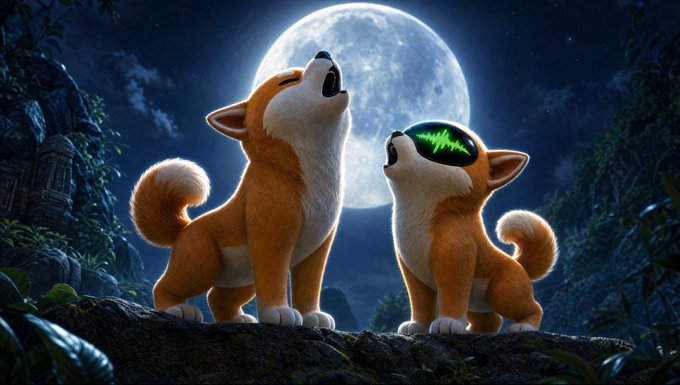 A stylized digital illustration shows two Shiba Inu dogs howling at a large full moon in a nighttime forest setting; one dog wears a black mask with a green digital waveform pattern over its eyes.