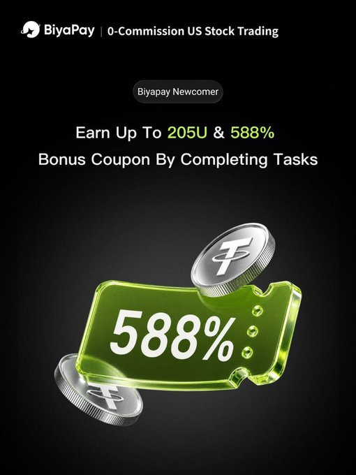 A promotional banner for BiyaPay's "BiyaPay Newcomer" campaign advertises 0-Commission US Stock Trading, featuring up to 205U rewards and a 588% bonus coupon displayed prominently on a green ticket graphic with USDT coins, matching the post's announcement of new user rewards.