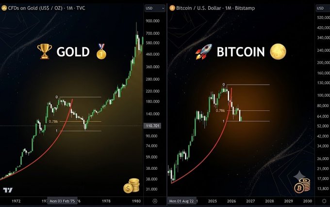 The image shows a side-by-side comparison of monthly charts for Gold (CFDs on Gold US$/OZ) from 1972–1980 and Bitcoin/USD from 2022–2030, both displaying similar Fibonacci retracement levels (0 and 0.786), suggesting that BTC may be mirroring gold's historic price action as "Digital Gold."