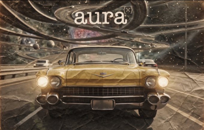A stylized, vintage-textured image of a golden classic car driving on a cosmic highway, with the word 'aura' displayed in a retro font at the top center.