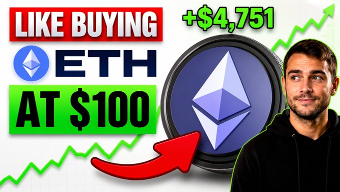 YouTube thumbnail featuring a young man with the text 'LIKE BUYING ETH AT $100' and '+$4,751', alongside an Ethereum logo and an upward-trending chart.