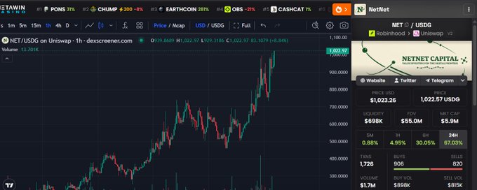 A trading chart on dexscreener.com showing NET/USDT token data with a price of $1,022.97, including market stats and a NetNet Capital logo.