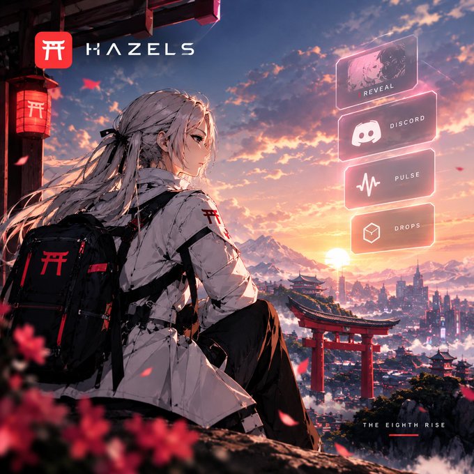 An anime-style promotional graphic for 'HAZELS' featuring a silver-haired character overlooking a cityscape with a torii gate at sunset, with menu options 'REVEAL', 'DISCORD', 'PULSE', and 'DROPS', and text 'THE EIGHTH RISE'.
