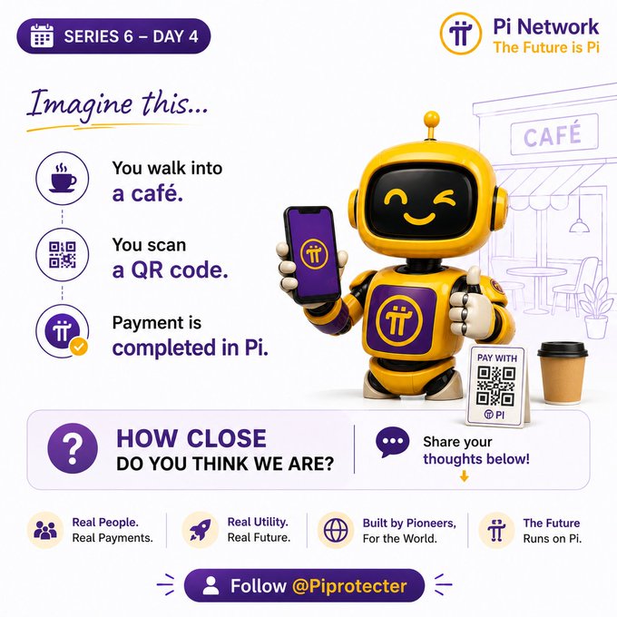 A promotional graphic for Pi Network featuring a yellow robot mascot holding a smartphone; text reads 'SERIES 6 – DAY 4', 'Pi Network The Future is Pi', 'Imagine this... You walk into a café. You scan a QR code. Payment is completed in Pi.', 'HOW CLOSE DO YOU THINK WE ARE?', and 'Follow @Piprotector'.