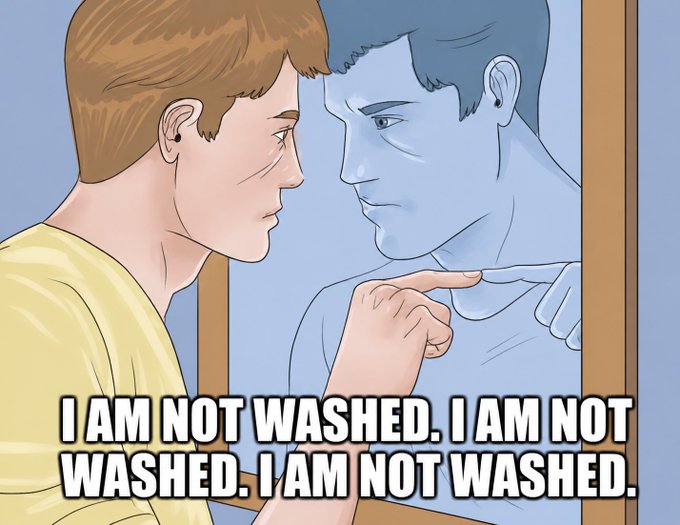 A young man points angrily at his blue-tinted reflection in a mirror, with the caption "I AM NOT WASHED. I AM NOT WASHED. I AM NOT WASHED." The image humorously mirrors the post's self-pressure to meet ambitious goals for $LNOC and landing six-figure sponsorships, capturing the desperate denial of being "washed" if those targets aren't hit.