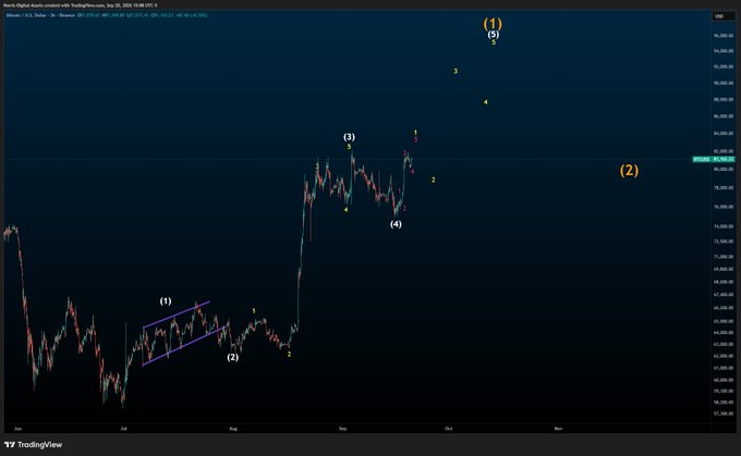 A candlestick chart of Bitcoin (BTC/USD) on Binance with Elliott Wave analysis annotations, showing a purple wedge pattern marked with wave labels (1) and (2) in the lower left, followed by a sharp upward move with subsequent wave counts labeled (1) through (5) at higher levels, illustrating the poster's claim that BTC is in wave 1 of a yellow 5th wave pattern.