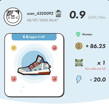 A STEP'N app screenshot showing a sneaker NFT (Jogger Lv30) earning 0.9 GMT/Min with +86.25 GMT rewards, dated 08/07/2026.