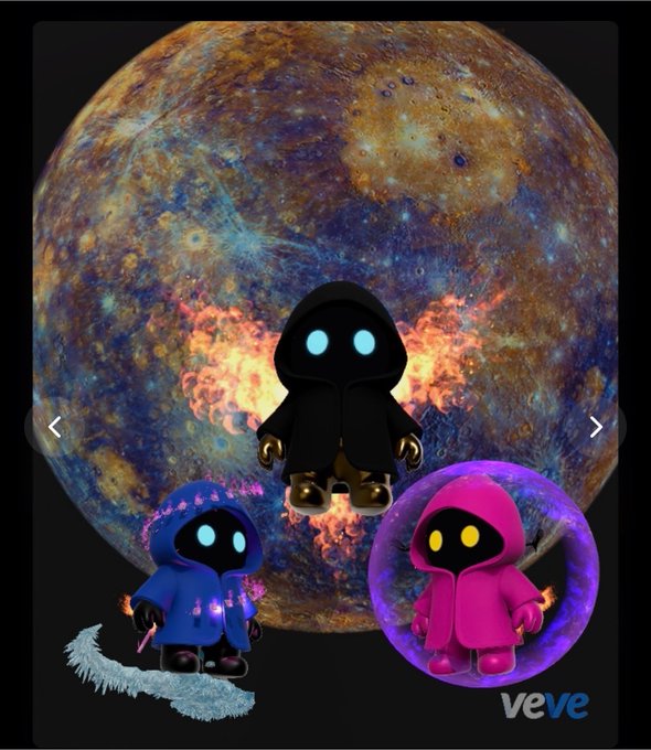 A VeVe digital collectible showing three hooded robot figurines (black, blue, and pink) set against a colorful cosmic planet background.