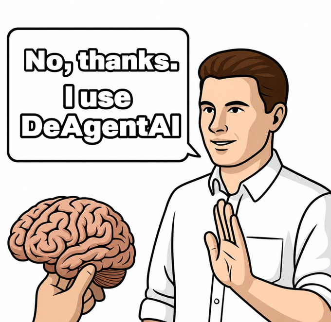 A cartoon illustration of a man declining a brain with the speech bubble 'No, thanks. I use DeAgentAI'.