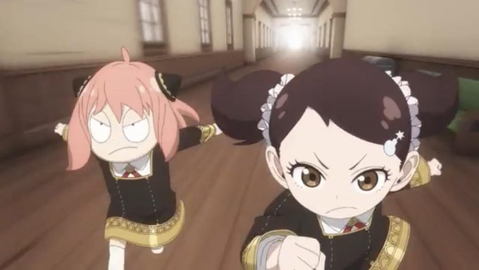 Two animated characters, one with pink hair and one with dark hair, both wearing dark uniforms, have angry expressions on their faces.