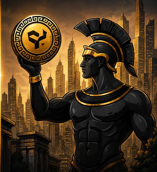 The image features a muscular man dressed as a Greek warrior holding up a golden coin with his right hand while standing in front of an urban cityscape. The caption above the image reads "A lot of people spend hours online every day but get rewarded for almost nothing. That'S why projects like @wallchain and @NomismaNetwork caught my attention". This suggests that the man's muscular physique and the golden coin he is holding could be symbols of power, wealth or influence in a digital world where people invest time and effort into creating content online to gain recognition and rewards.