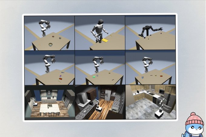 A 3x3 grid showing various simulation scenes of a humanoid robot performing household tasks like cleaning and organizing in different rooms.