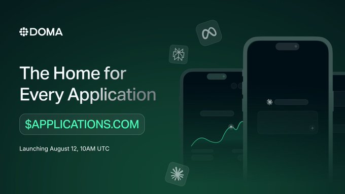 An advertisement for DOMA reading 'The Home for Every Application' with '$APPLICATIONS.COM' and a launch date of 'August 12, 10AM UTC'.