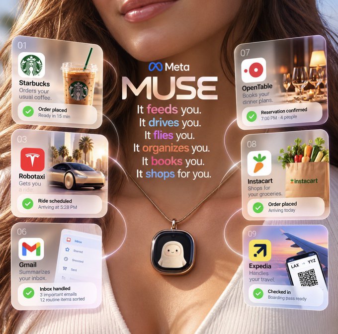 A promotional image for Meta's "Muse" wearable device showcases its capabilities through floating app cards around a woman wearing a pendant-like device, featuring service integrations with Starbucks ("Order placed, Ready in 15 min"), Tesla Robotaxi ("Ride scheduled, Arriving at 3:28 PM"), Gmail ("Inbox handled, 3 important emails"), OpenTable ("Reservation confirmed, 7:00 PM · 4 people"), Instacart ("Order placed, Arriving today"), and Expedia ("Checked in, Boarding pass ready") with the tagline "It feeds you. It drives you. It flies you. It organizes you. It books you. It shops for you." The image directly supports the post's praise of Muse as a free, user-friendly AI alternative to paid services like Grok, demonstrating its accessible, multi-purpose design through real-world service examples.