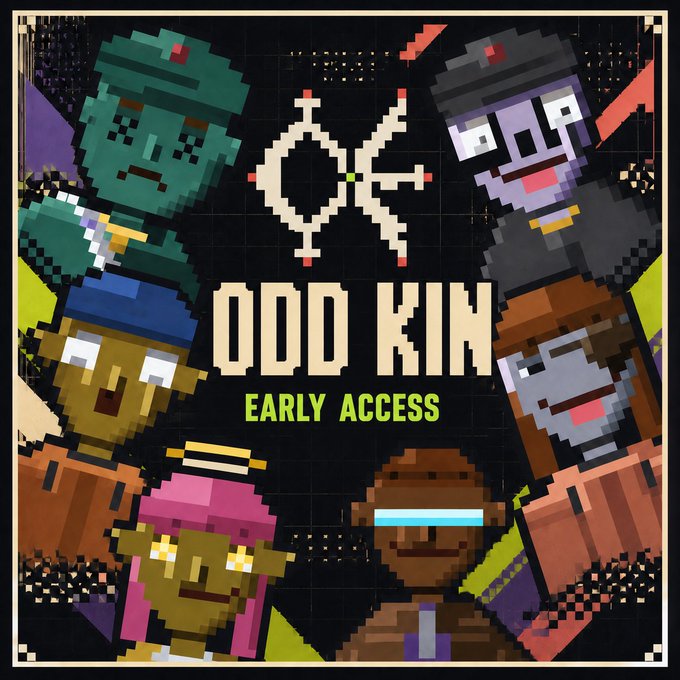 Pixel art promotional image for the game "ODD KIN," featuring a circular arrangement of six blocky, voxel-style character portraits—including a green-skinned figure, a purple-skinned character, and a figure with a pink halo—surrounding a central logo of crossed weapons and the title "ODD KIN" with "EARLY ACCESS" displayed beneath it in green text, promoting the game's early access launch at oddkin.xyz.
