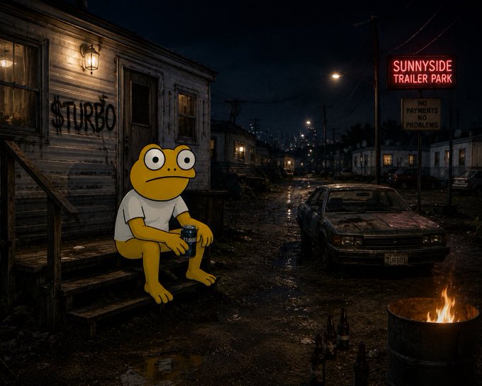 A cartoon frog character wearing a 'STURBO' shirt sits on porch steps holding a beer can outside a trailer marked 'SUNNYSIDE TRAILER PARK' with a 'STURBO' car parked nearby at night.