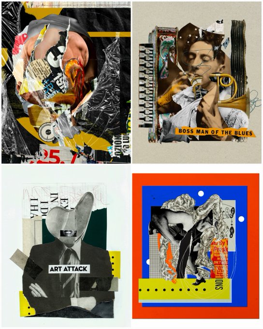A collage of four mixed-media art pieces featuring torn paper, magazine cutouts, and textures, with text labels 'BOSS MAN OF THE BLUES' and 'ART ATTACK' visible.