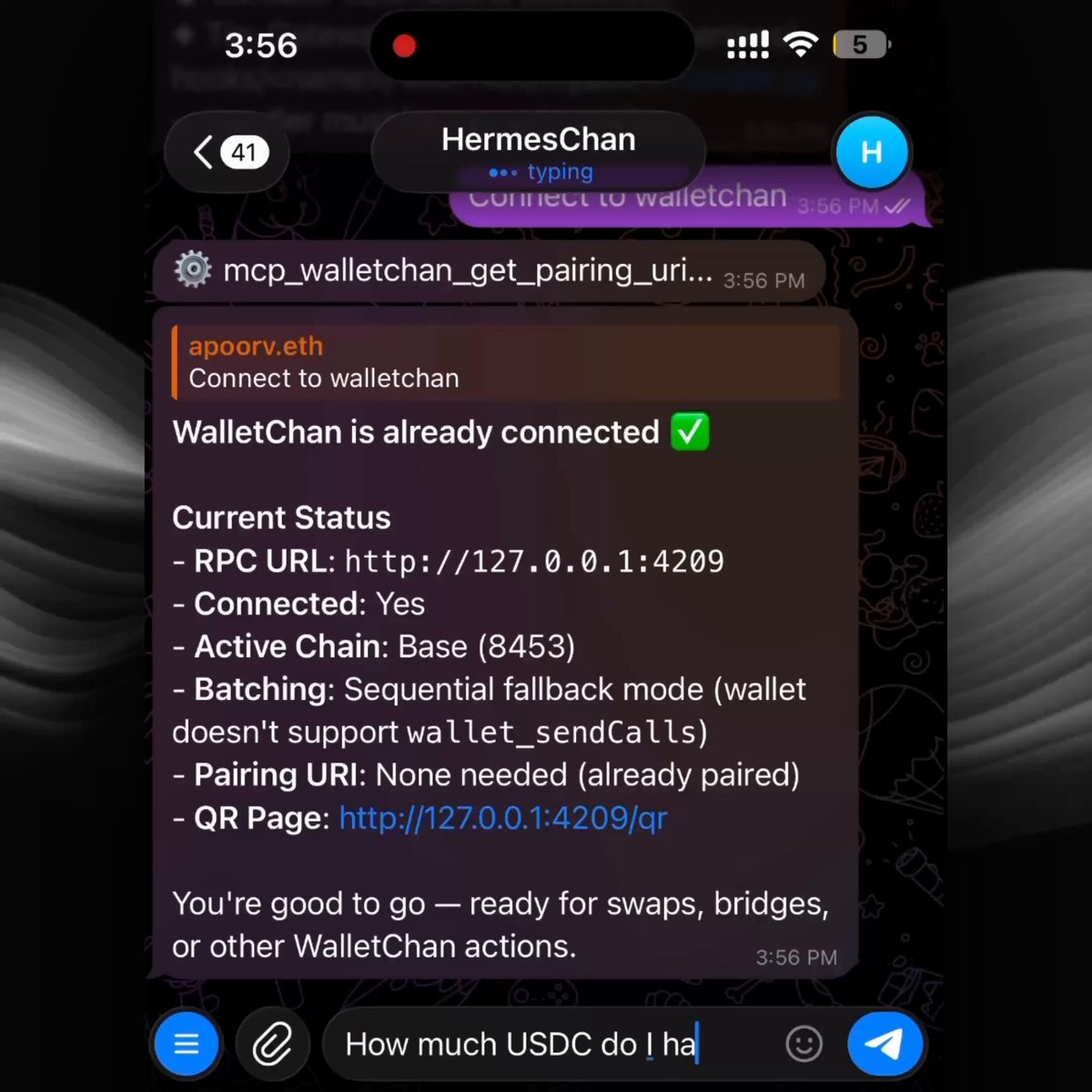 The image shows a cellphone screen with a message from HermesChan, an ethernet walletchan user. The message displays information about the walletchan connection status, including whether it's active or not, and the current balance of the walletchan account.