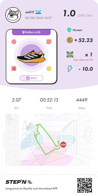 A STEPN app screenshot showing a digital sneaker NFT (Walker Lv30) with stats including 1.0 GMT/Min, +52.23, and a walking activity tracking 2.07 Km over 00:52:13.
