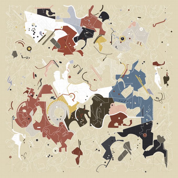 An abstract artwork featuring fragmented, colorful shapes in red, blue, white, yellow, and black scattered across a beige background with intricate line patterns.