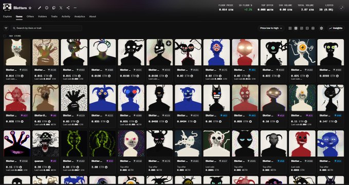 A screenshot of a Blotters NFT marketplace page displaying a grid collection of stylized silhouette avatars in various colors with prices listed in ETH.