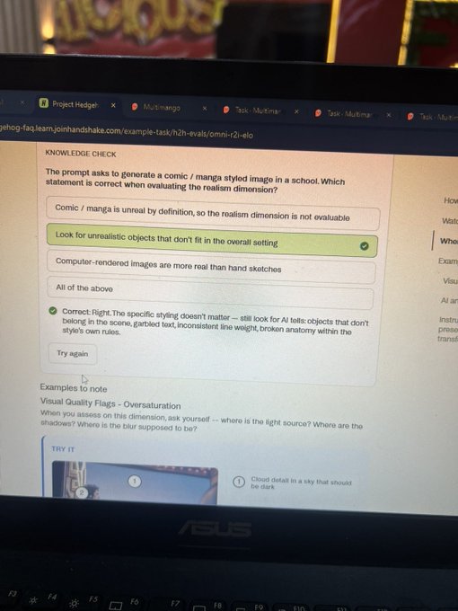 A laptop screen displays a knowledge check quiz about evaluating realism in comic/manga styled images, with the correct answer highlighted: 'Look for unrealistic objects that don't fit in the overall setting.'