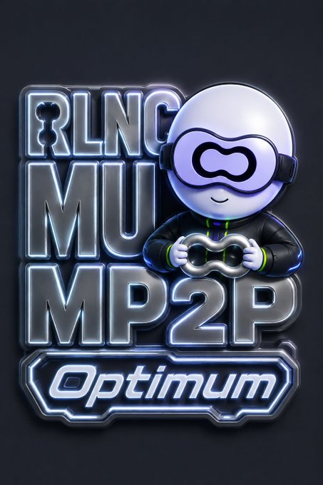 A 3D metallic digital logo/graphic reading "RLNC MUSIC MP2P Optimum" featuring a cute astronaut character wearing a purple VR-style helmet and holding a steering wheel.