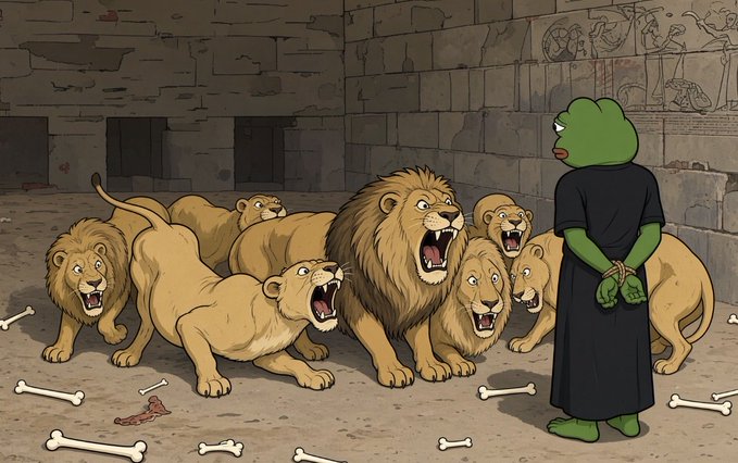 An illustration of Kermit the Frog standing with his back to the viewer, facing a snarling pack of lions in a stone enclosure scattered with bones.
