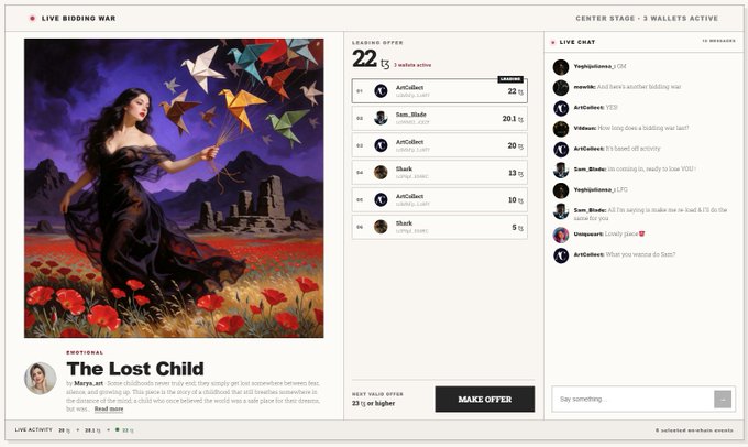 Screenshot of a 'LIVE BIDDING WAR' on a digital art platform showing the artwork 'The Lost Child' by Marys_art with leading bids up to 22 ETH and active live chat on the right.