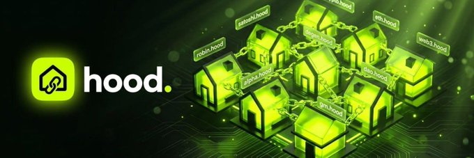 The image features the "hood" logo alongside an array of interconnected green house icons labeled with various .hood domains (such as satoshi.hood, noin.hood, nft.hood, web3.hood, and robin.hood), visually representing a network of branded digital properties that align with the post's announcement about the .hood NFT collection on OpenSea.