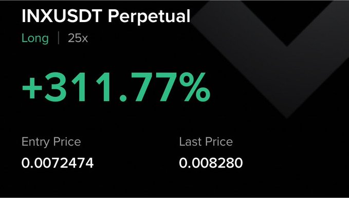 The image displays a trading position showing a +311.77% gain on an INXUSDT Perpetual long trade with 25x leverage, with an entry price of 0.0072474 and last price of 0.008280. This visually supports the post's claim of a 311% gain on $INX within a single day.