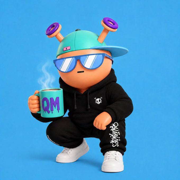 A 3D cartoon character wearing a teal cap, sunglasses, and a black hoodie holds a blue mug labeled 'QM' on a blue background.