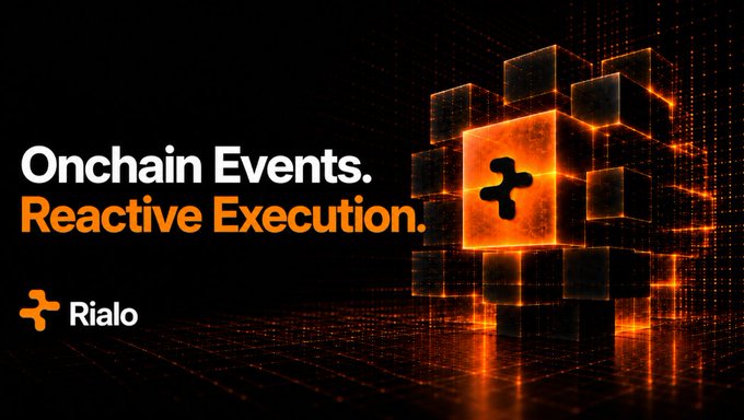 Promotional banner for Rialo featuring the tagline 'Onchain Events. Reactive Execution.' with an orange pixelated 3D cube logo design.