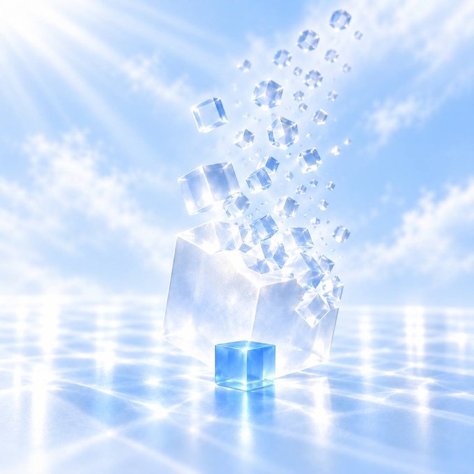 A 3D render of a large ice cube shattering into smaller floating cubes above a smaller blue cube on a reflective surface under a bright sky.