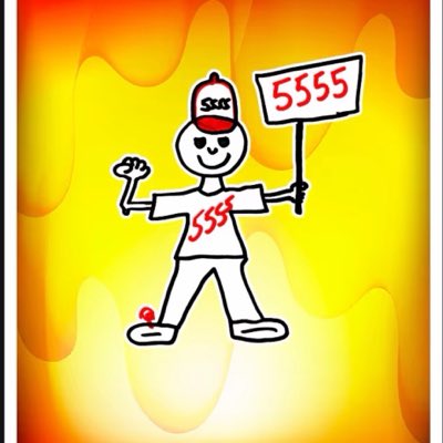 A cartoon illustration of a character wearing a cap and shirt branded with "SSSS", holding up a sign that reads "SSSS" against a fiery orange and yellow background, with a small red fish-like icon at their feet.
