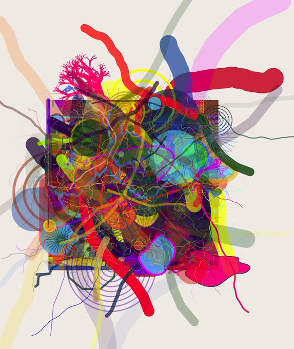 An abstract colorful digital artwork featuring chaotic swirls, splatters, and geometric shapes in vibrant hues of red, yellow, blue, pink, and green.