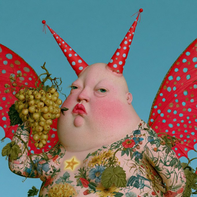 A surreal artwork depicts a bald figure with red polka-dot butterfly wings and horn-like party hats, holding a bunch of grapes amid floral patterns.