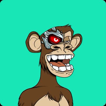 The image features a cartoon monkey with a red eye, giving it an evil or futuristic appearance. The monkey has a big smile and appears to be laughing, adding to its menacing look. The background of the image is green, which contrasts with the brown fur of the monkey. There are no other objects in the image besides the monkey itself.