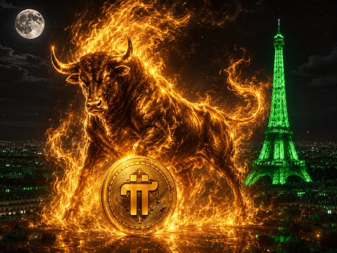 A fiery bull stands victorious over a golden Pi Network (π) cryptocurrency coin, with the Eiffel Tower glowing green in the Paris skyline under a full moon — symbolizing bullish momentum for Pi Network. The "UY • HLD" caption suggests a "hold" sentiment, reinforced by the powerful, unwavering bull imagery.