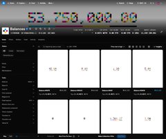A dark interface resembling a token or asset dashboard displays a large multicolored number “53,750,000.00” near the top and several white card panels below.