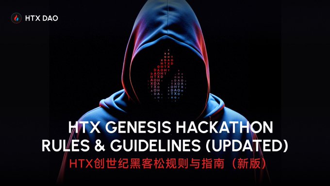 Promotional graphic for HTX DAO's 'HTX Genesis Hackathon Rules & Guidelines (Updated)' featuring a hooded figure with a digital code face.