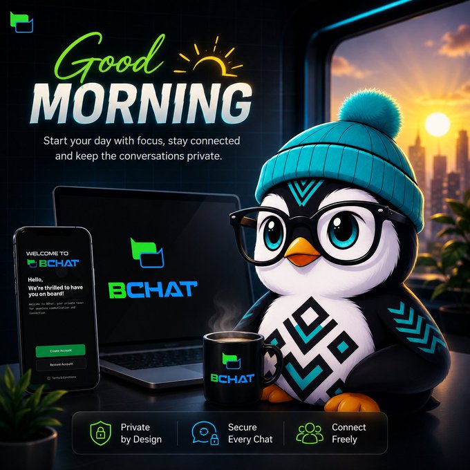 A 'Good Morning' promotional graphic for BCHAT featuring a cartoon penguin wearing a teal beanie and glasses, alongside a phone showing a welcome screen and the tagline 'Start your day with focus, stay connected and keep the conversations private,' with feature highlights: Private by Design, Secure Every Chat, Connect Freely.