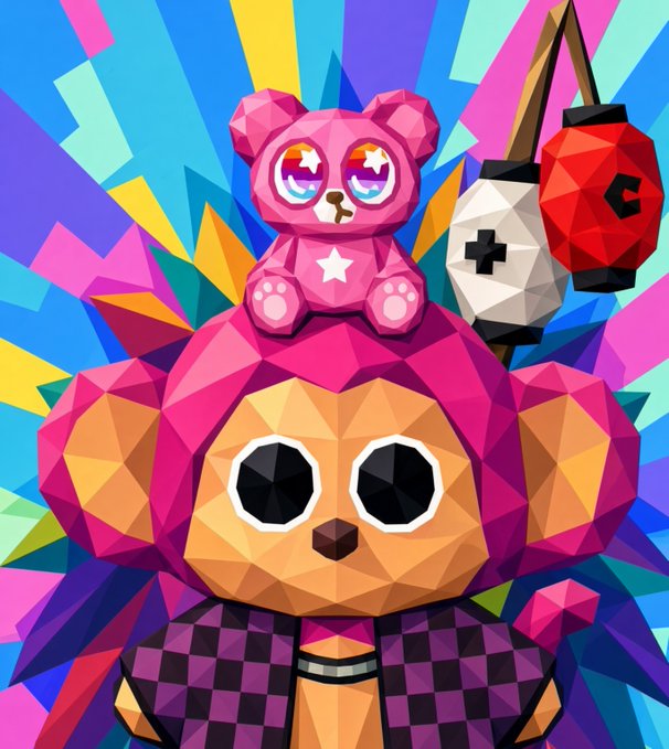 Low-poly digital art features a bear-like character in a pink hood with a star, topped by a smaller pink bear, with red and white lanterns displaying 'C' and '+' symbols against a vibrant rainbow burst background.