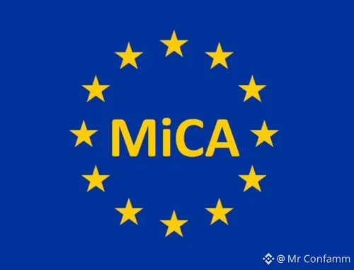 A blue graphic featuring yellow stars arranged in a circle around the text 'MiCA', with a 'Mr Confamm' watermark, referencing EU crypto regulation.