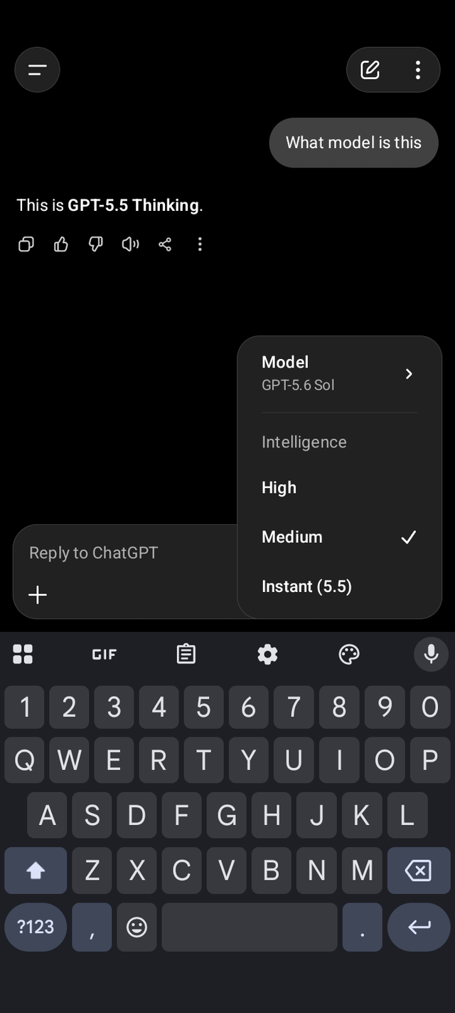 A ChatGPT conversation where a user asks 'What model is this' and the AI responds 'This is GPT-5.5 Thinking.' A dropdown menu shows the model as 'GPT-5.6 Sol' with intelligence options High, Medium (selected), and Instant (5.5).