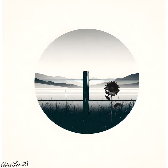 A minimalist circular illustration depicts a lone sunflower beside a wooden fence post, with misty mountains fading into the horizon, evoking themes of solitude and quiet focus. Signed "Eddie Lee '21" in the lower left, the artwork visually reinforces the post's message of mindful concentration and presence.
