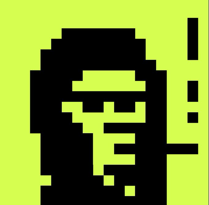 A minimalist pixel art portrait of a bearded man with an eyepatch, rendered in bright neon yellow-green and black.
