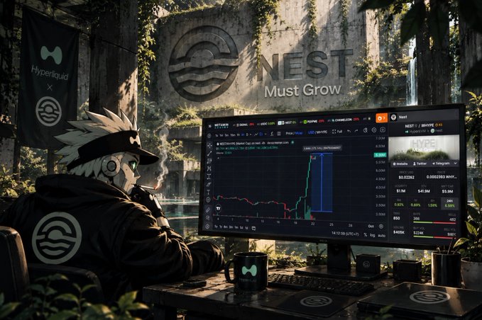 An anime-style character with white hair and headgear monitors a 'NEST' crypto chart on a monitor in an overgrown, ruined environment, with Hyperliquid branding visible.